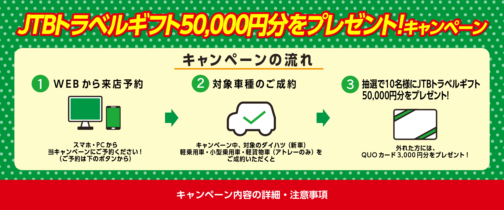
                      対象車種をご成約の中から抽選で10名様にJTBトラベルギフト50,000円プレゼントキャンペーン
                      